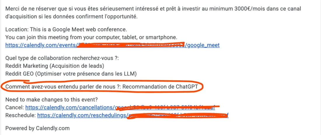 Calendly email: prospect from ChatGPT, ready to invest €3,000/month
