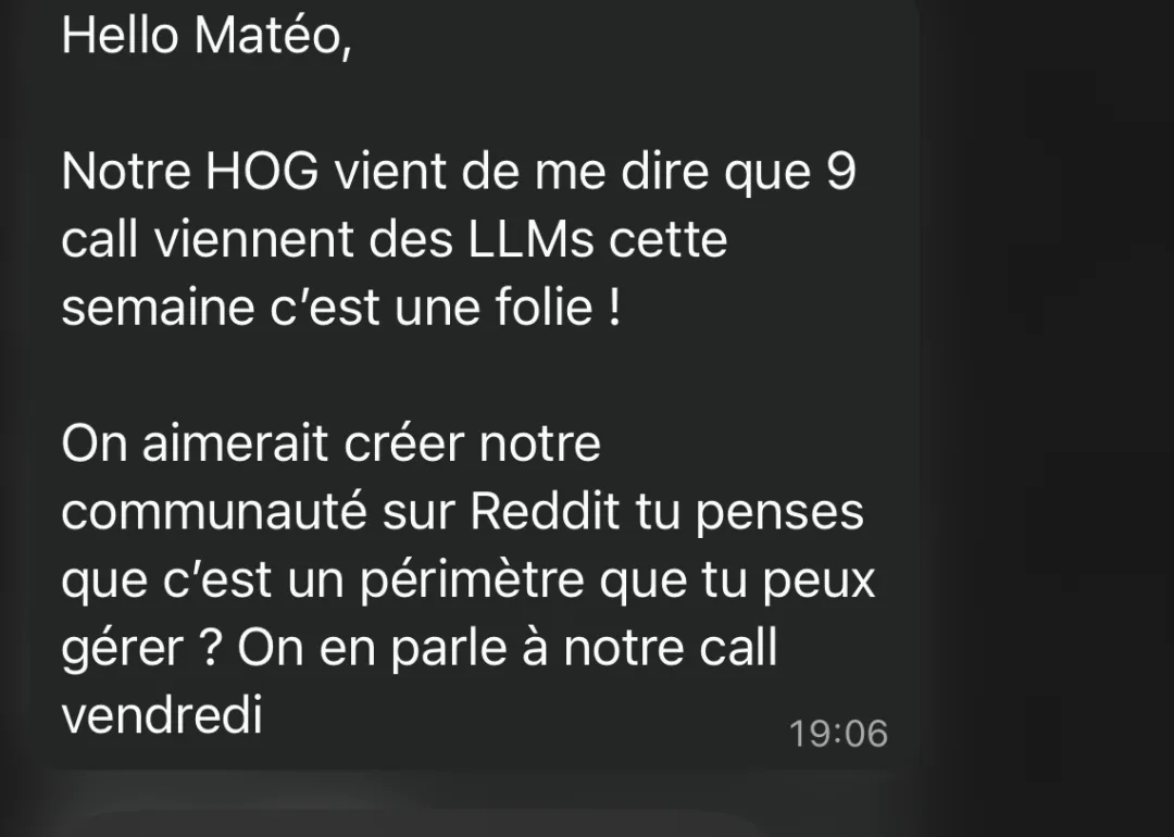 Client message: 9 calls from LLMs in one week, wants to launch a Reddit community