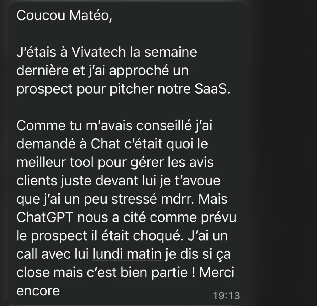 Client message: at Vivatech, ChatGPT cited them in front of a prospect who booked a call